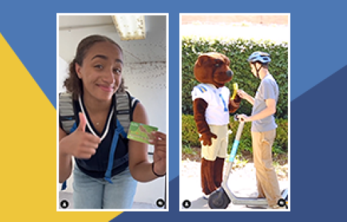 Screenshots of two social media videos, one featuring a student holding a transit pass and the other featuring Joe Bruin with a student